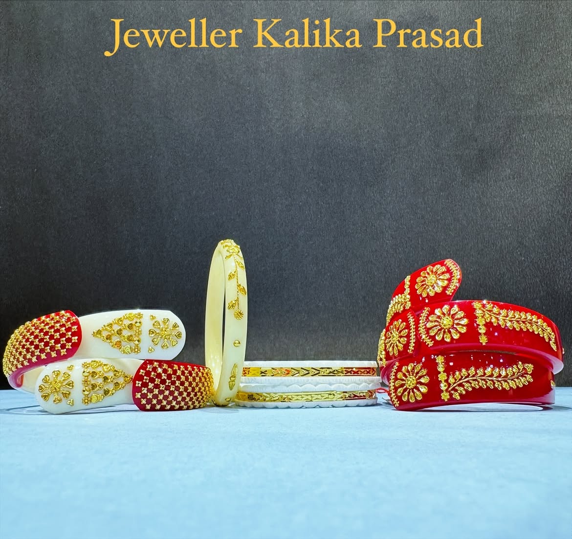 Traditional Bengali shakha pola bangles with gold detailing from Jeweller Kalika Prasad